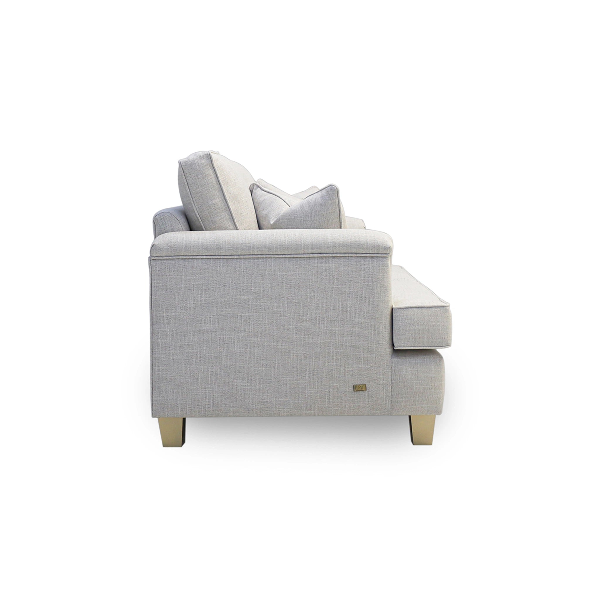 Gray sofa with white cushions on a white background