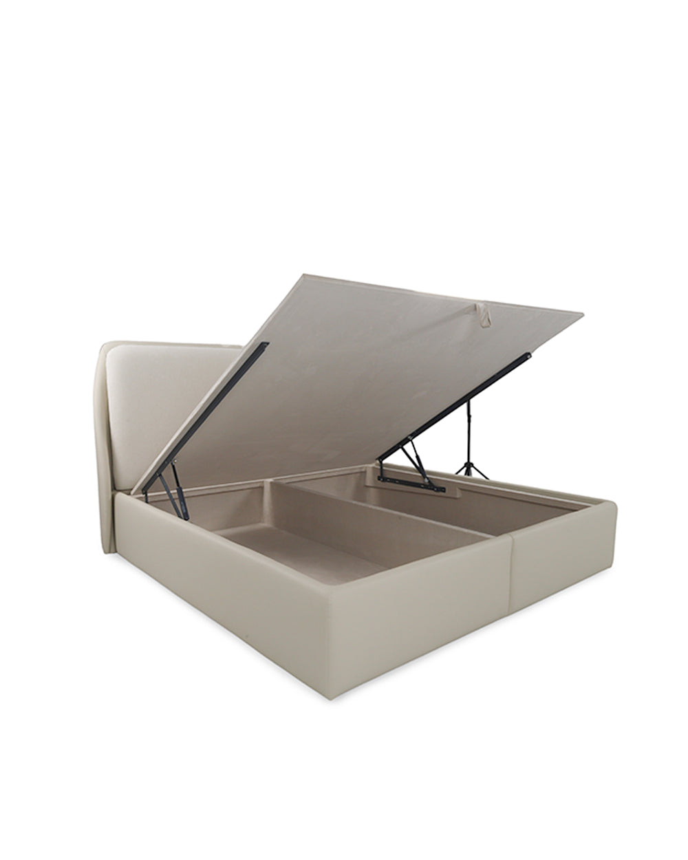 Beige bed with storage compartment on a white background