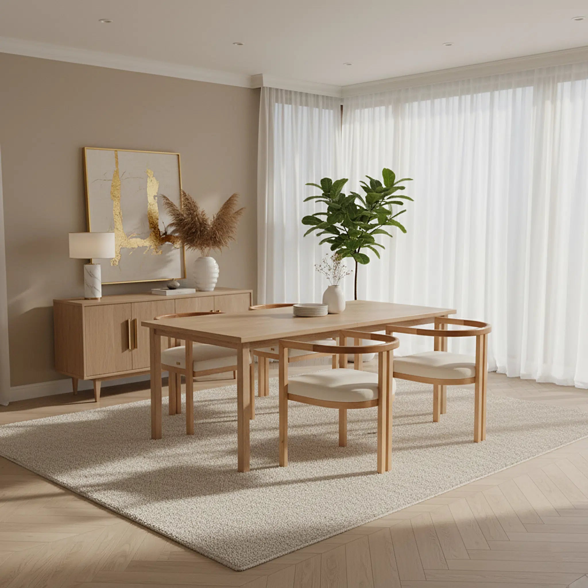 Modern dining room with wooden furniture and large windows.