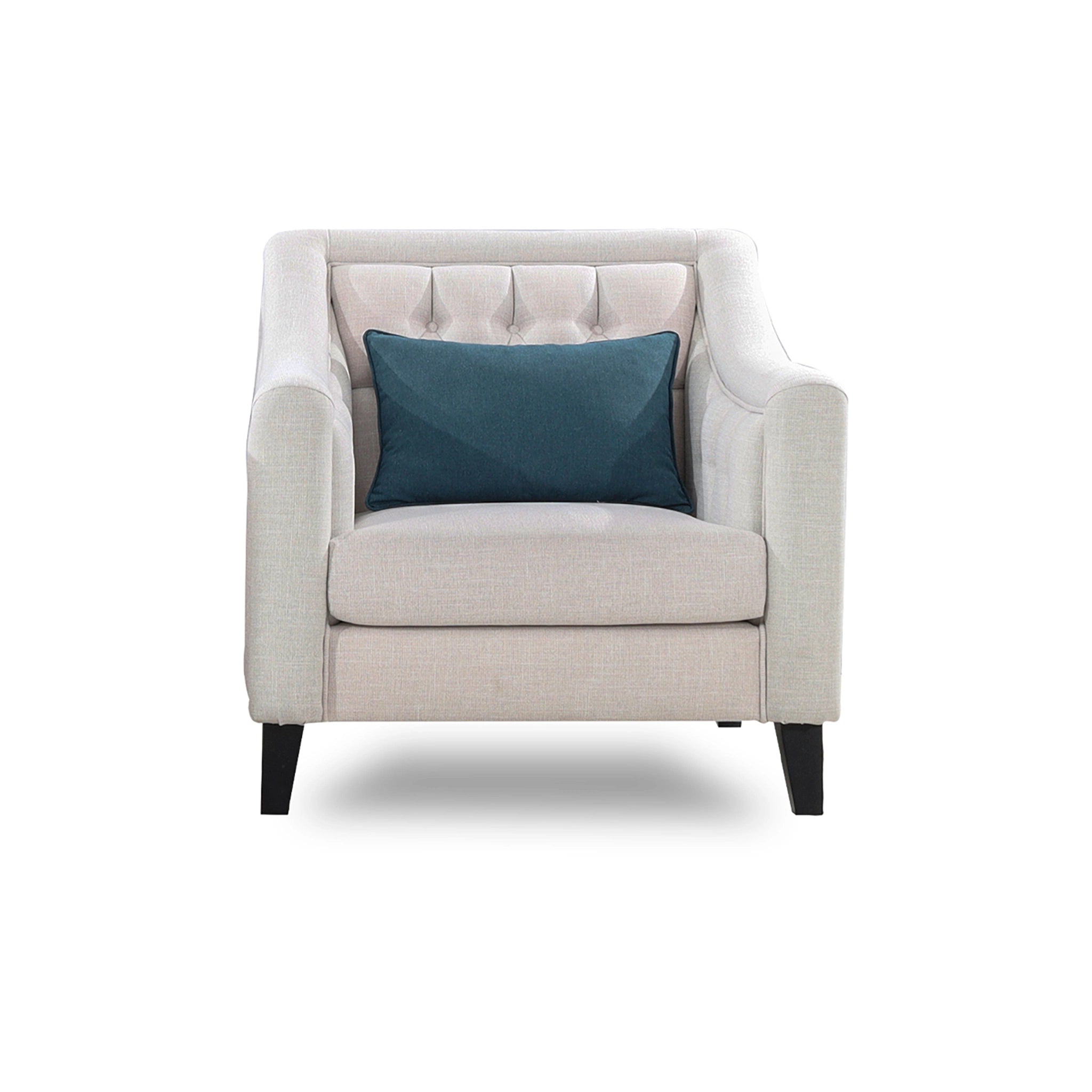 Beige armchair with a blue pillow on a white background