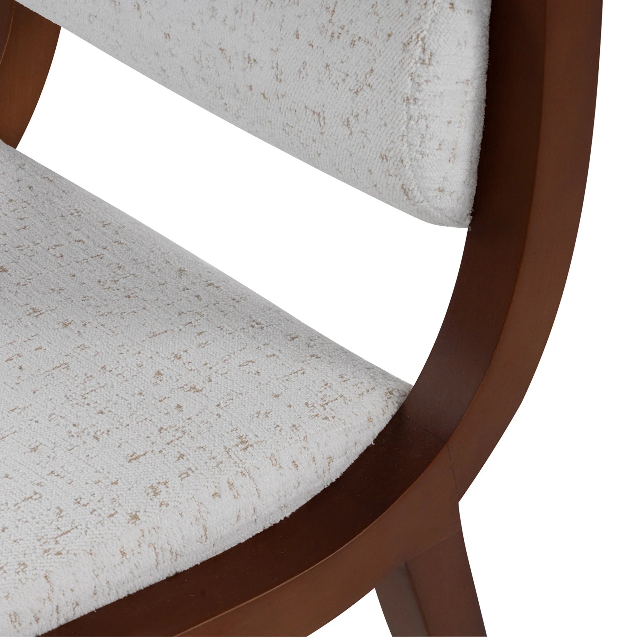 Close-up of a chair with wooden frame and textured beige cushion on a white background