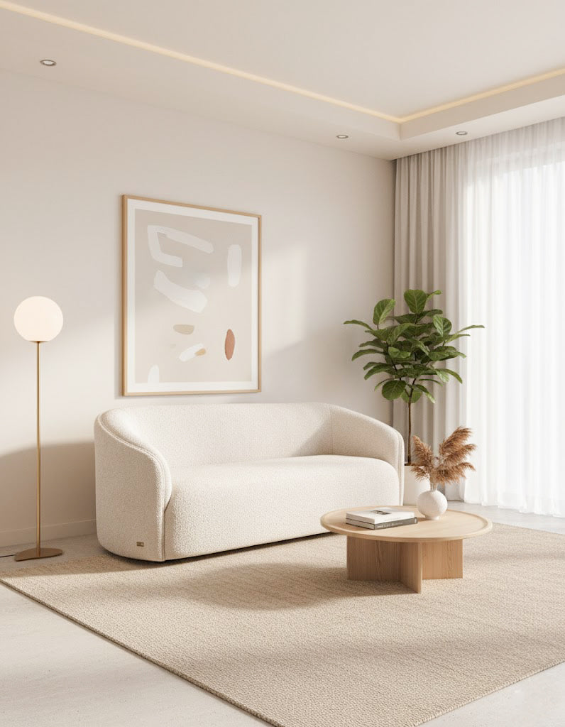 Modern living room with a white sofa, coffee table, and decorative elements.