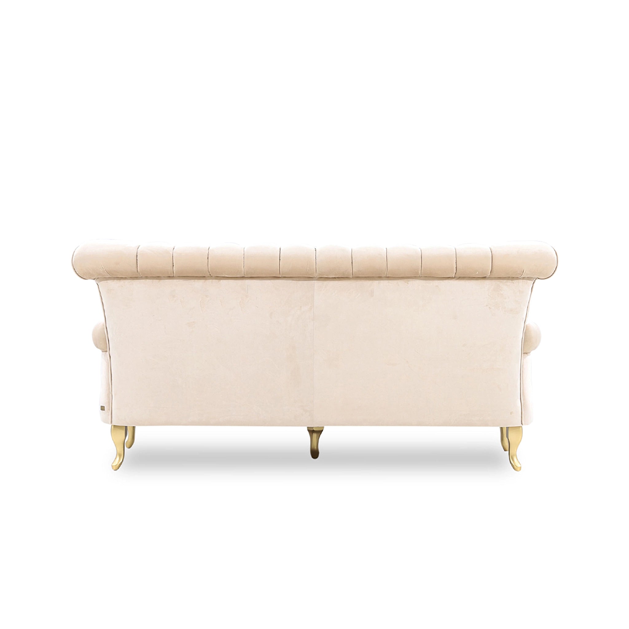 Beige sofa with decorative armrests on a white background