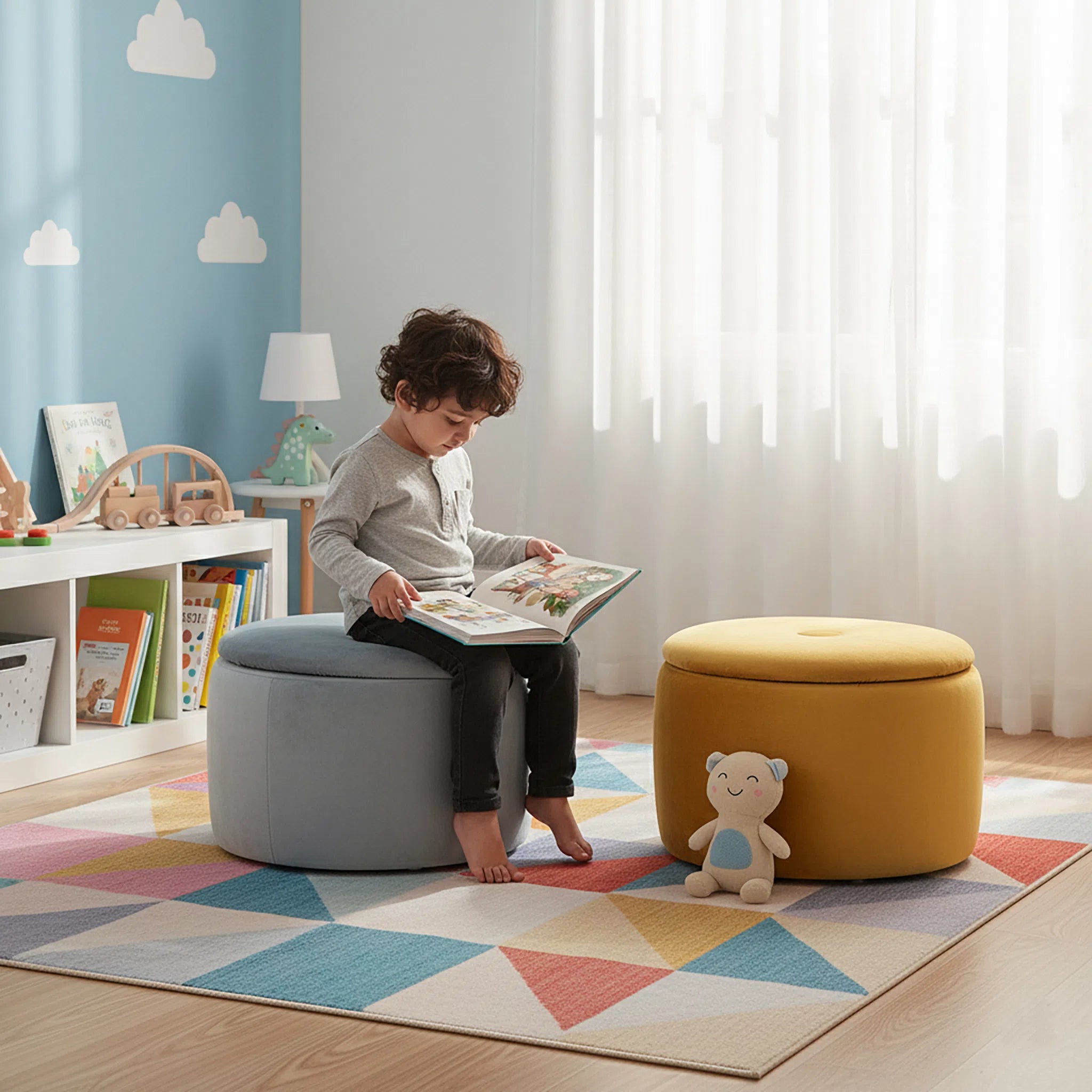 Child reading a book on a gray ottoman in a child-friendly room with colorful rug and toys.