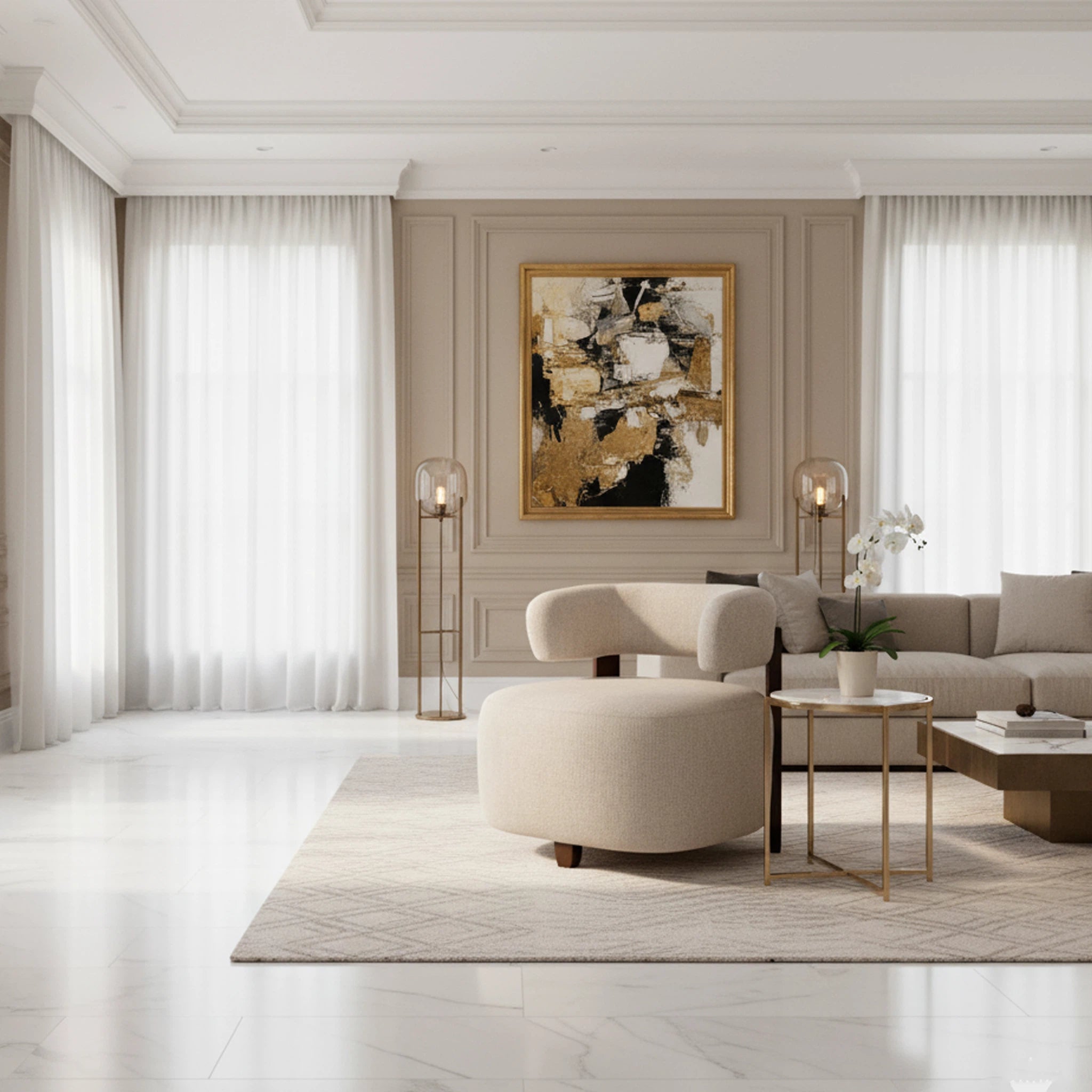 Modern living room with beige furniture, abstract art, and decorative elements.