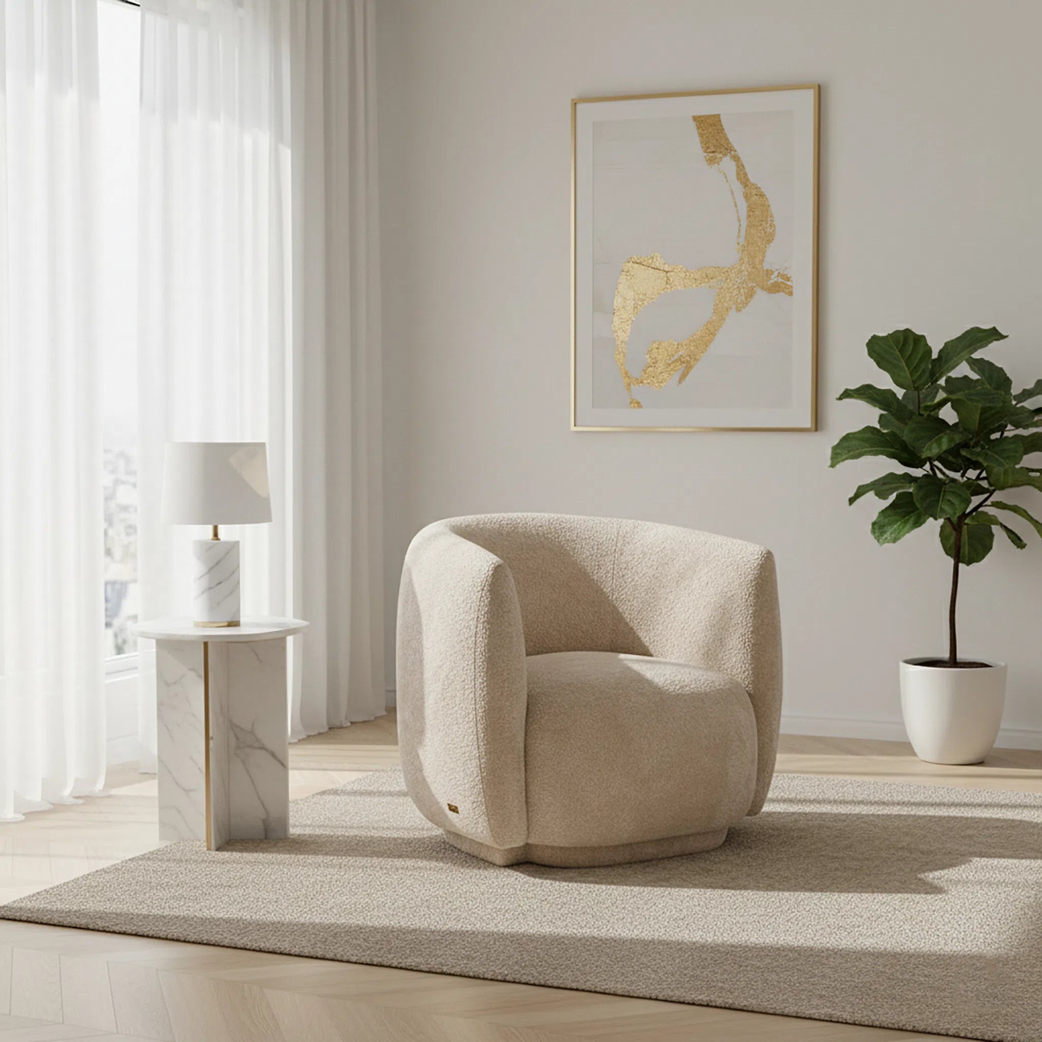 Beige armchair in a modern living room with abstract art and a plant.