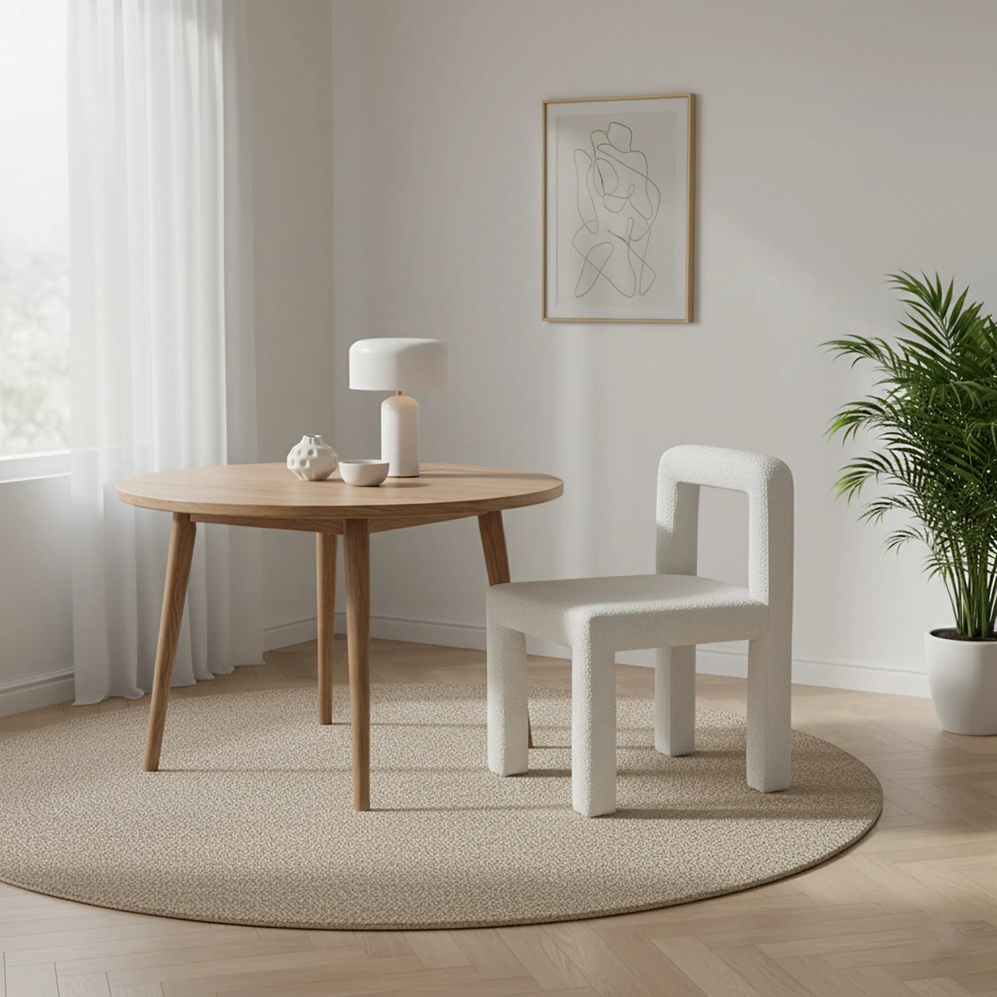 Wooden table with a white chair in a room with a plant and framed artwork on the wall.