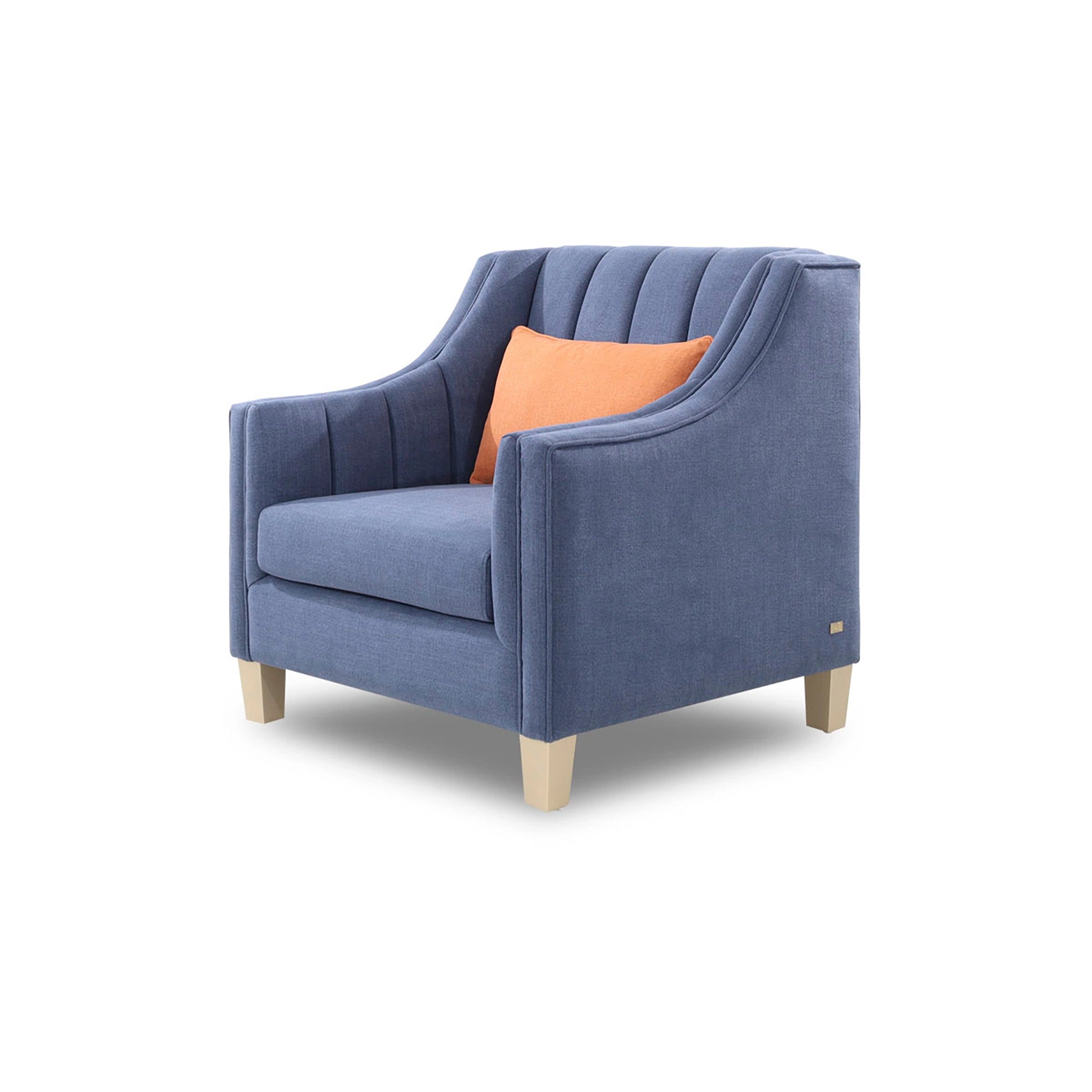 Blue armchair with an orange pillow on a white background