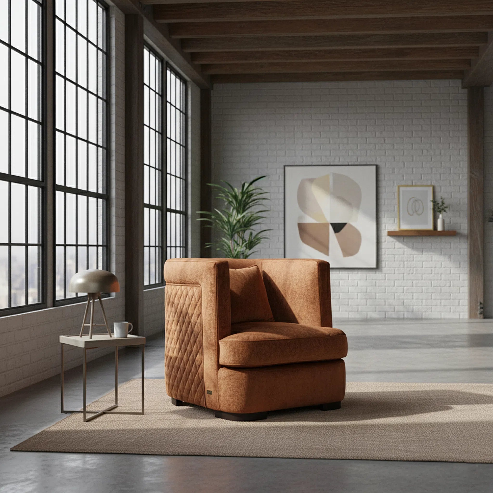 Brown armchair in a modern room with large windows and decorative elements.