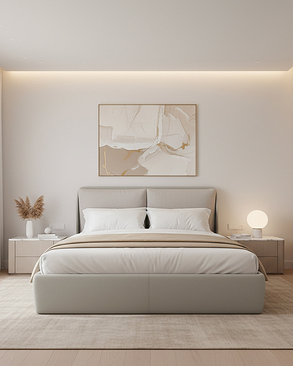 Modern bedroom with a bed, nightstands, and abstract art on the wall.