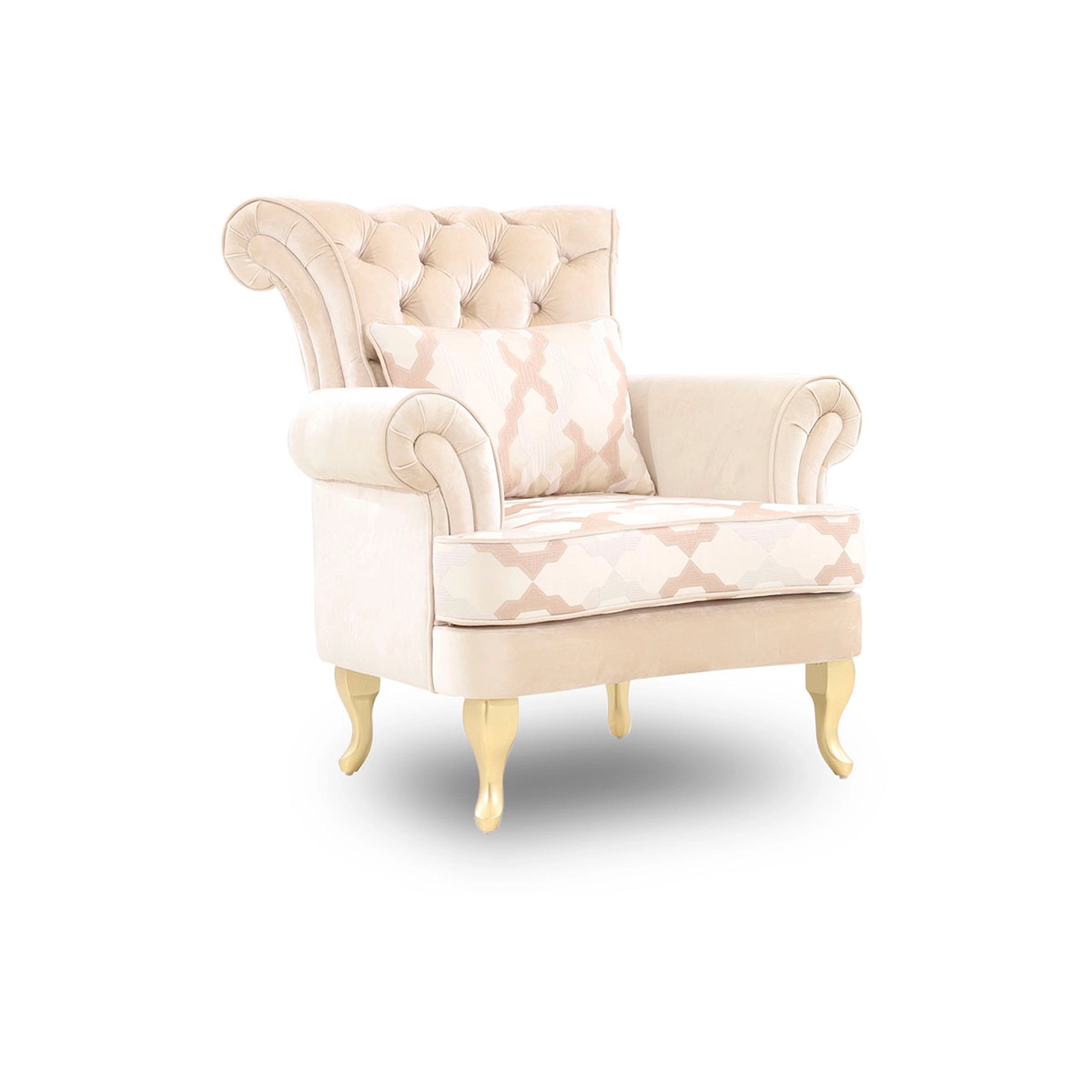Beige armchair with patterned cushion on a white background