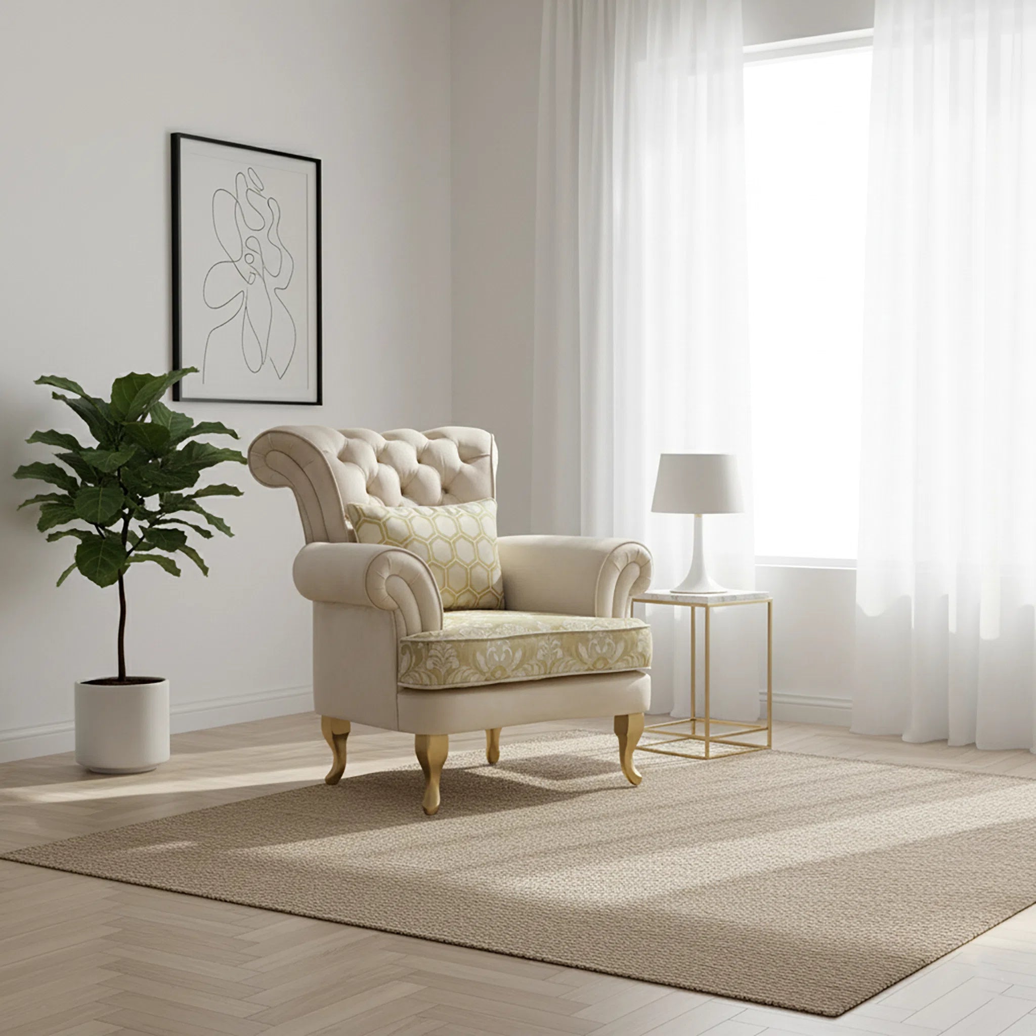 Beige armchair in a living room with a plant and lamp