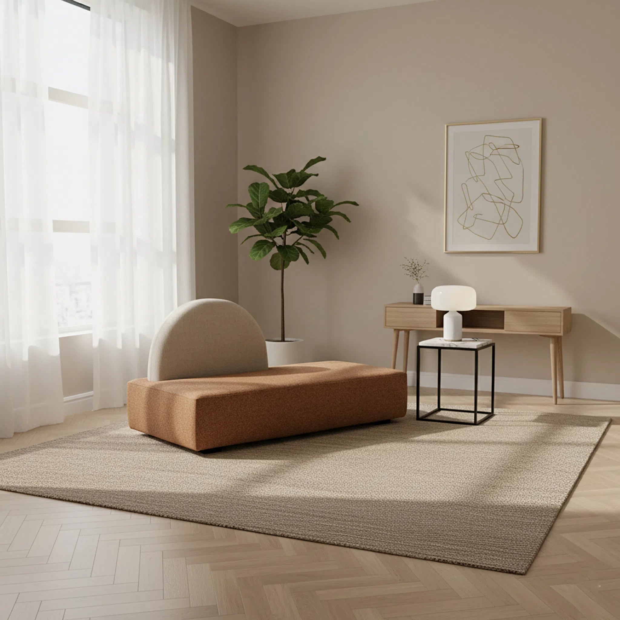 Modern living room with a brown sofa, plant, and wall art.