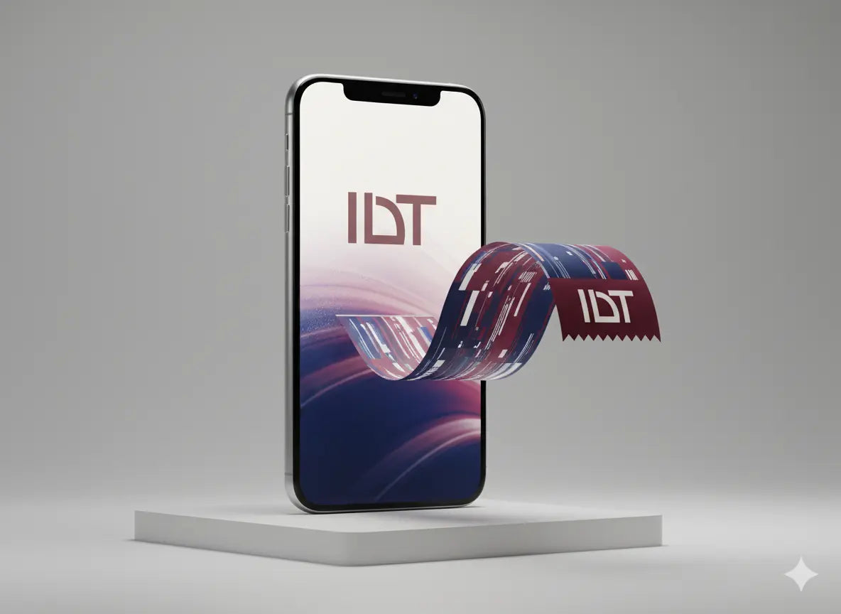 Phone with a flexible screen displaying the 'IDT' logo on a gray background
