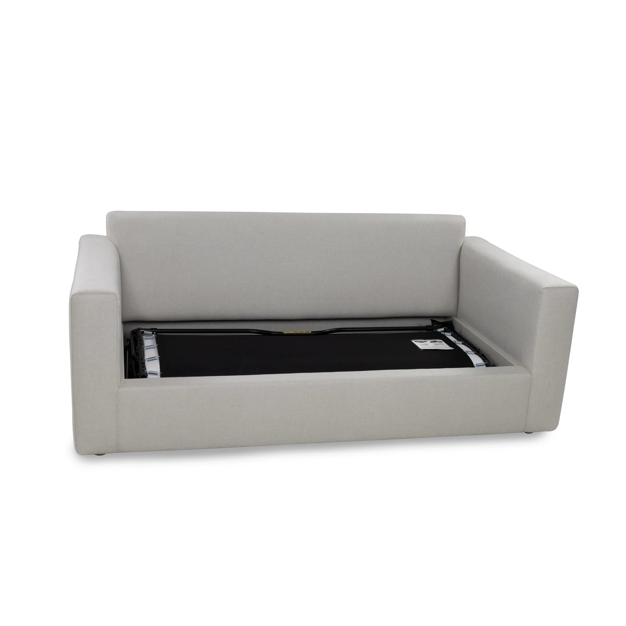 Gray sofa with a mattress inside on a white background