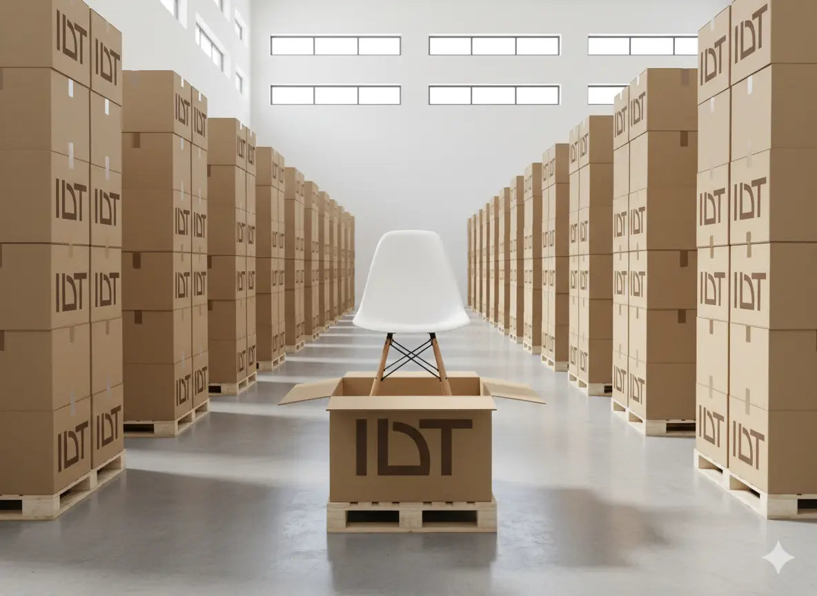 Cardboard boxes with 'LDT' branding in a warehouse setting