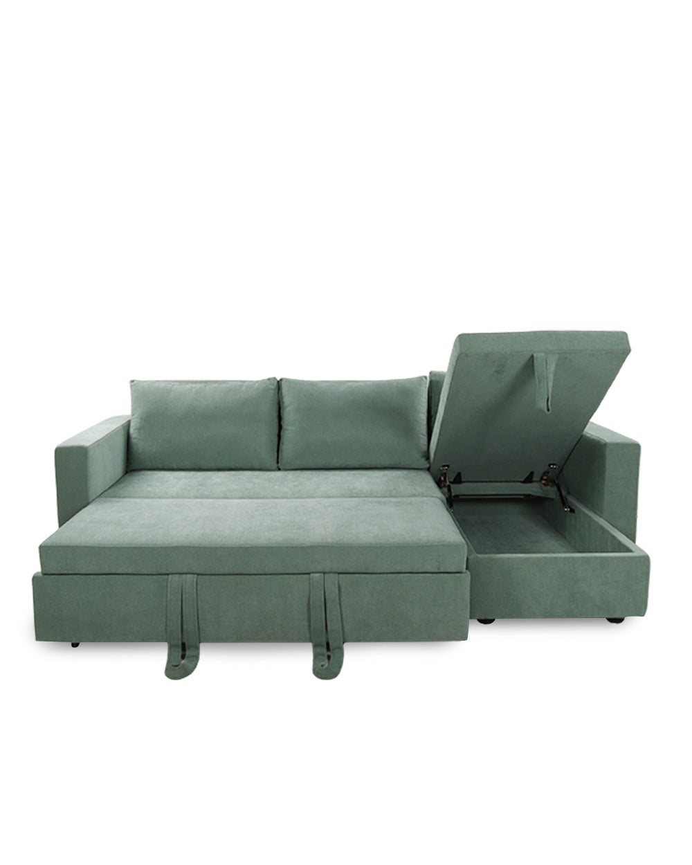 Green sectional sofa with a bed extension on a white background
