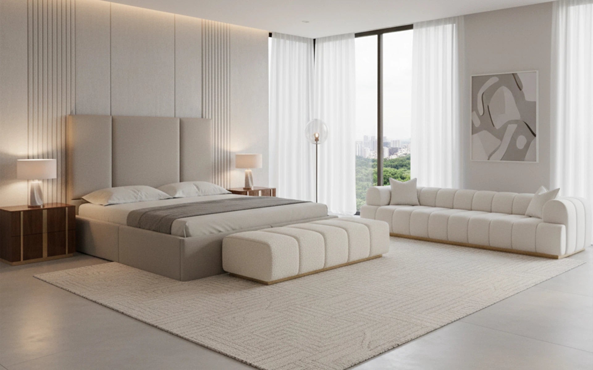 Modern bedroom with a bed, ottoman, and sofa in a well-lit room.