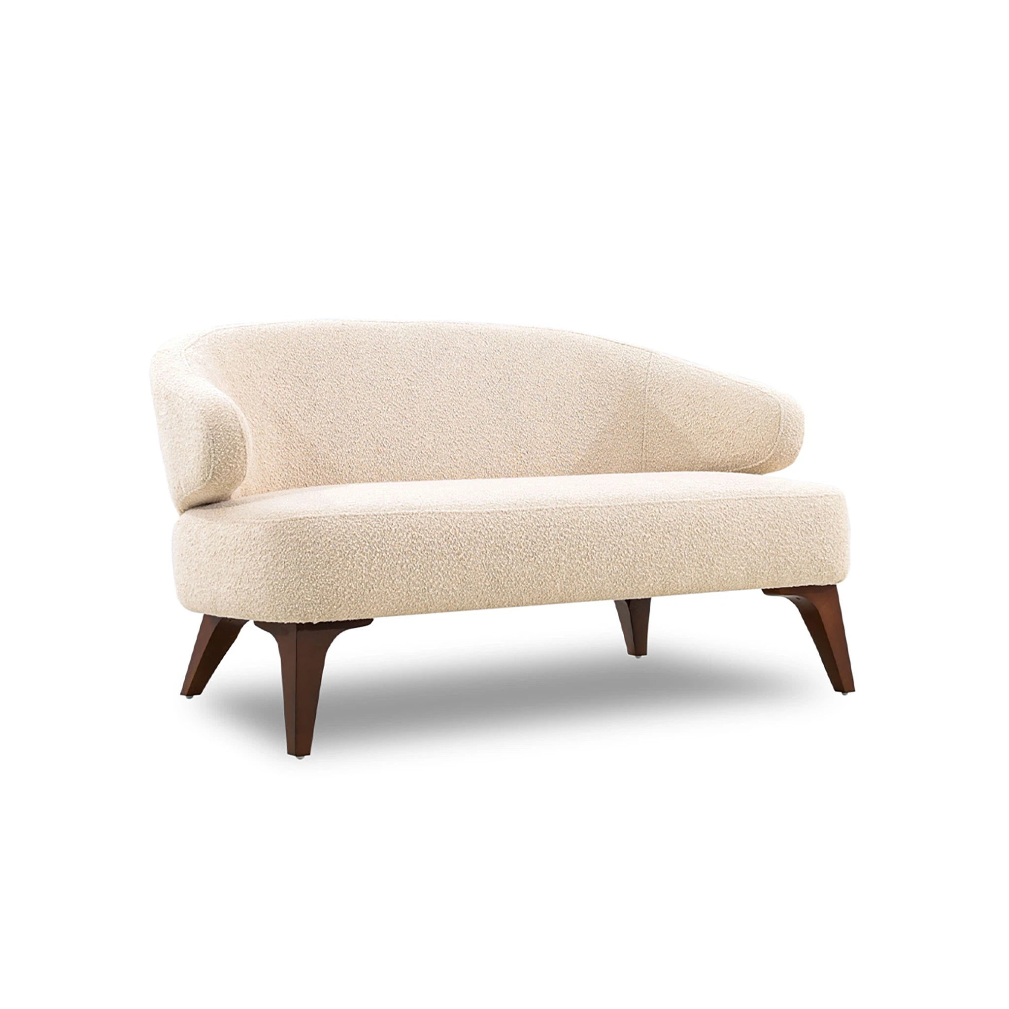Beige loveseat with wooden legs on a white background