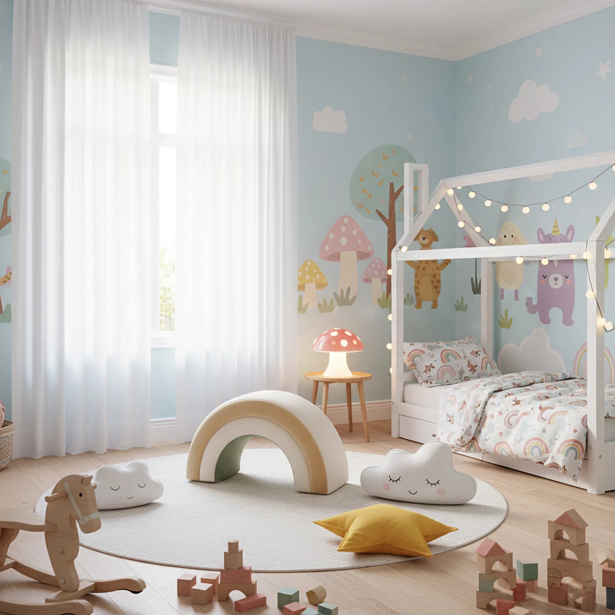 Children's bedroom with a rainbow toy, cloud-shaped pillow, and wooden horse.