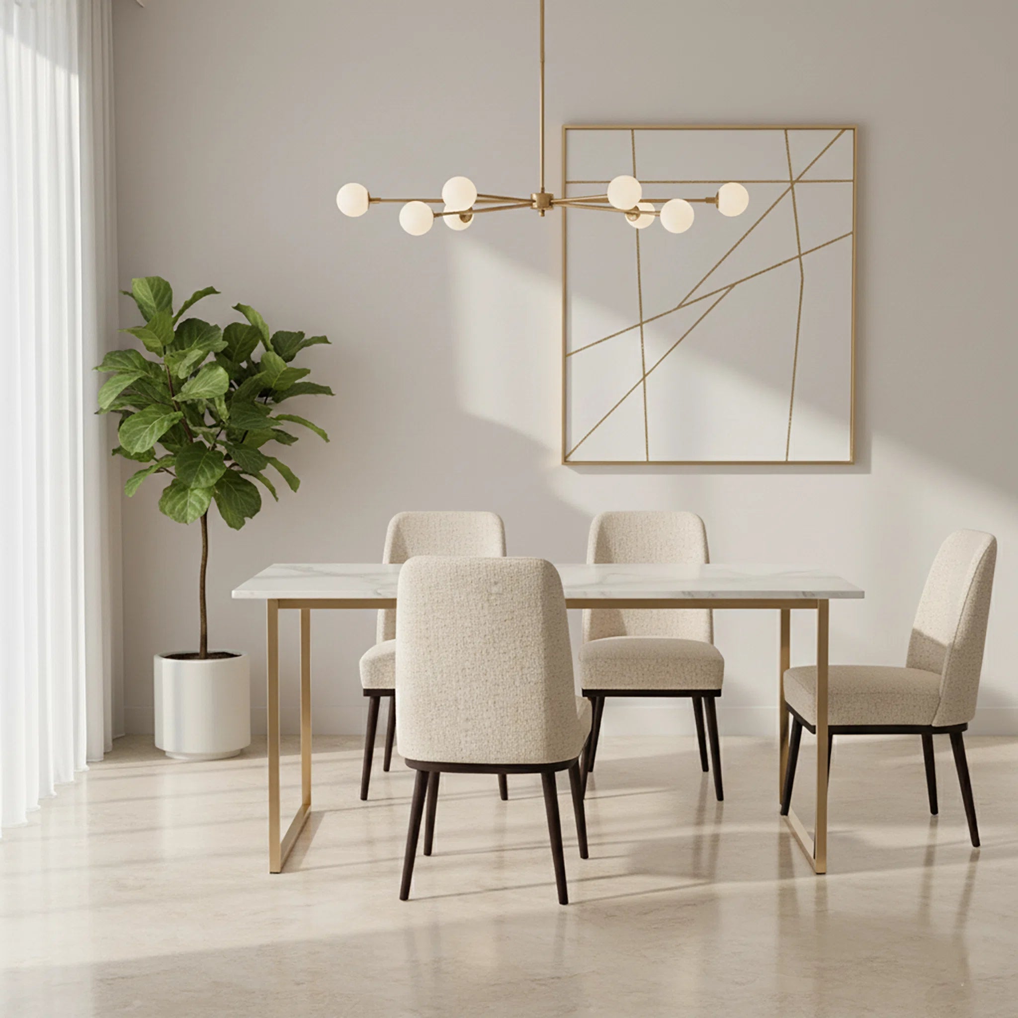 Modern dining room with a table and chairs, potted plant, and abstract art on the wall.