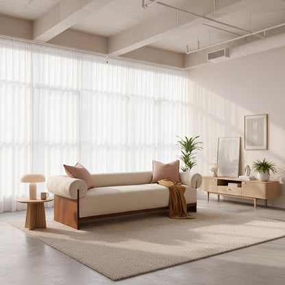 Modern living room with a beige sofa, wooden side table, and decorative items.
