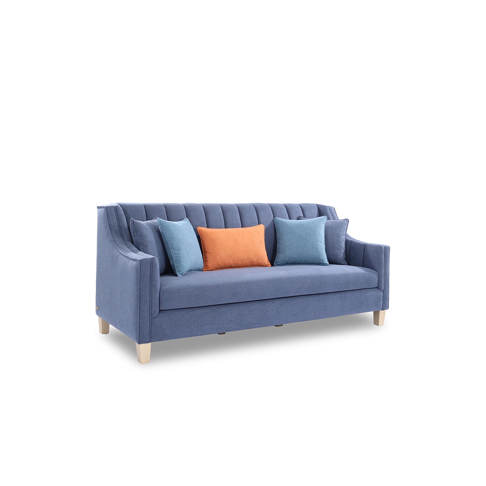 Blue sofa with colorful cushions on a white background