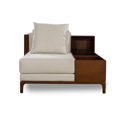 Modern chair with wooden armrest and storage compartment on a white background