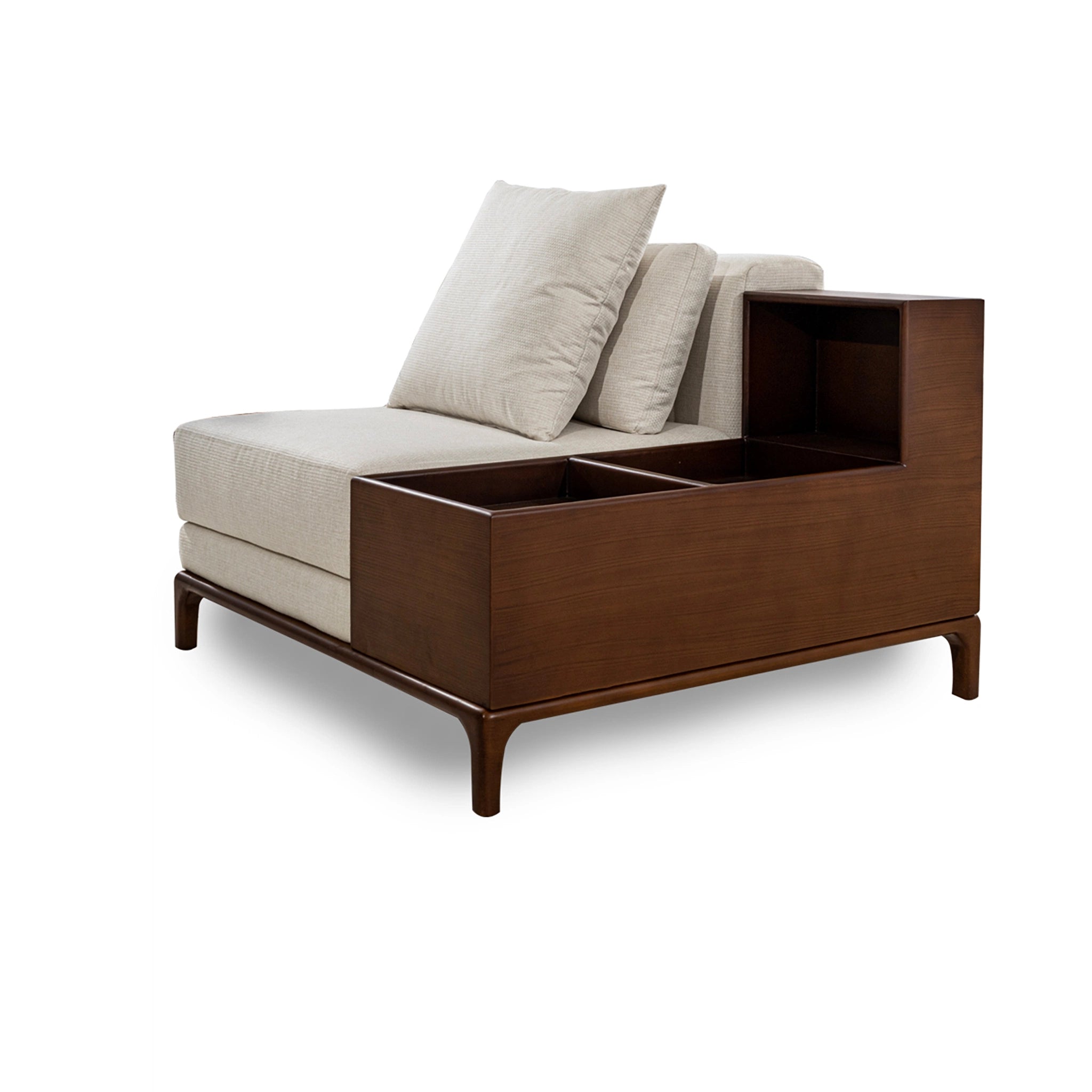 Modern chair with wooden frame and beige cushions on a white background