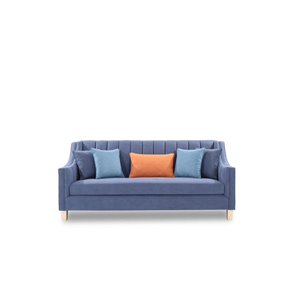 Blue sofa with colorful cushions on a white background