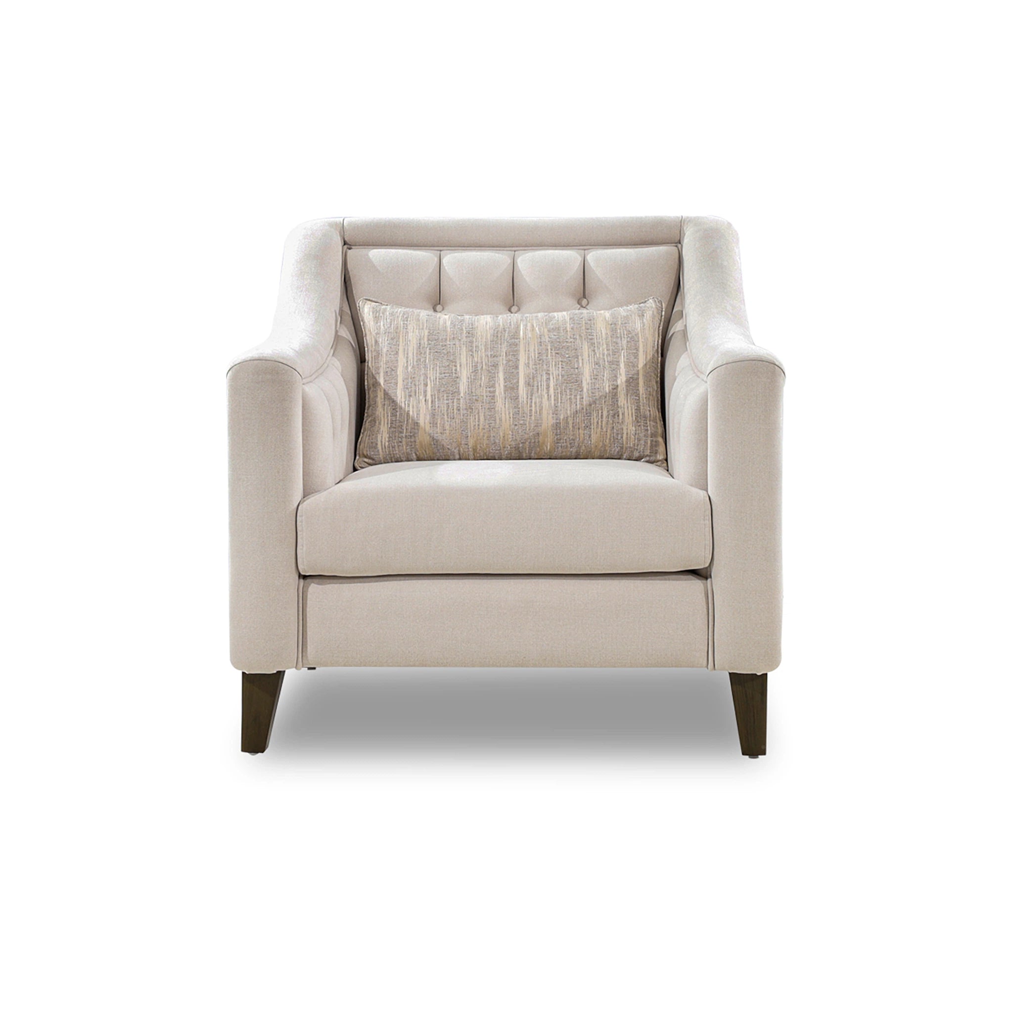 Beige armchair with a patterned pillow on a white background