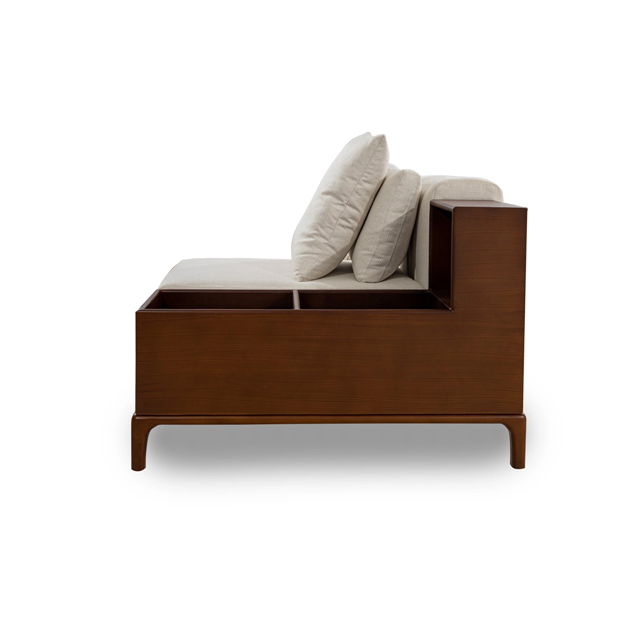 Wooden bed frame with storage compartments and cushions on a white background