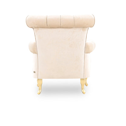Beige armchair with gold legs on a white background