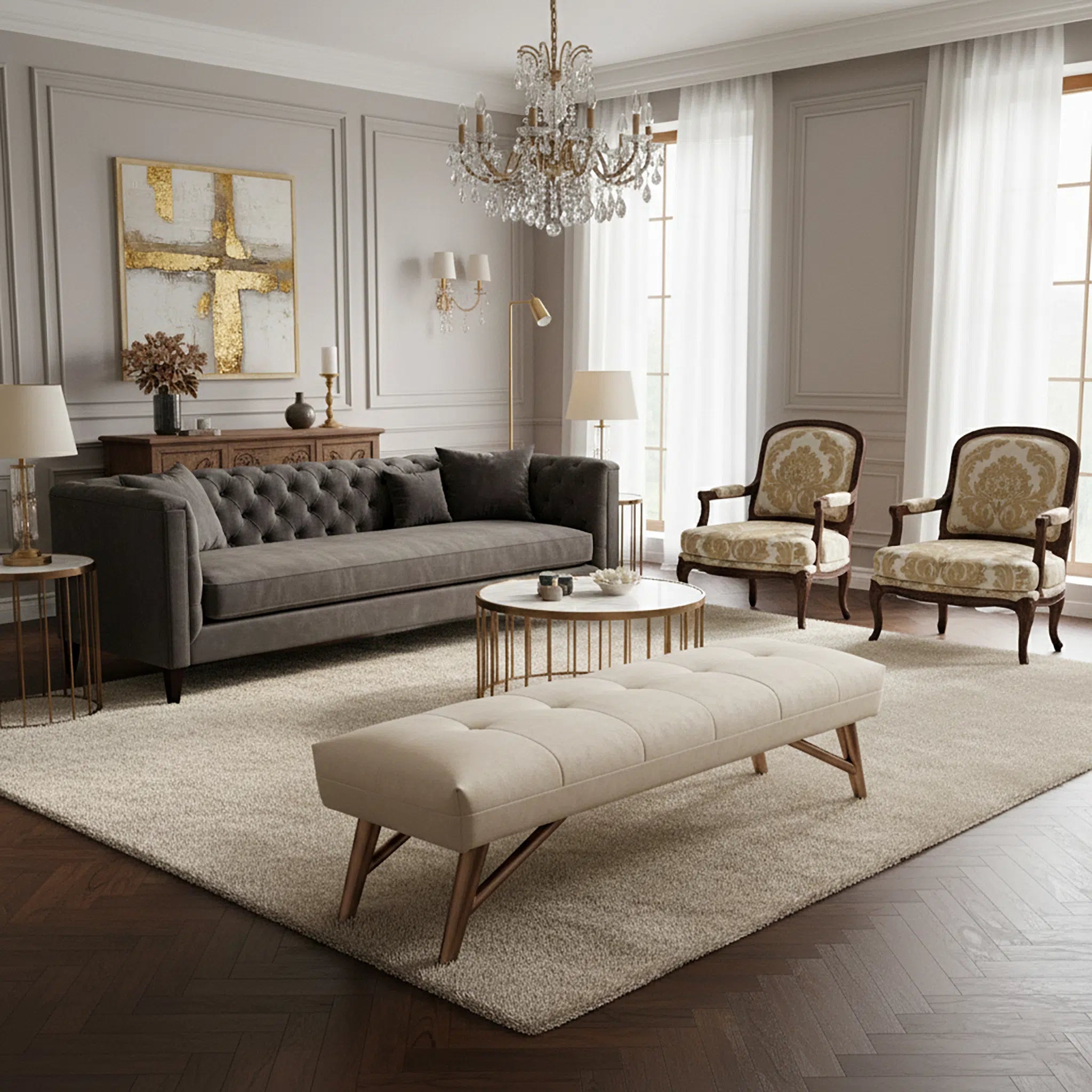 Luxurious living room with gray sofa, patterned armchairs, and a chandelier.