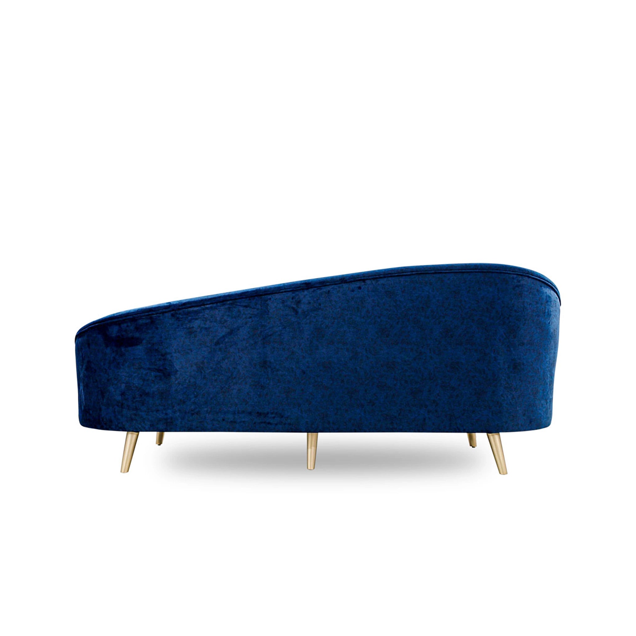 Blue velvet sofa with wooden legs on a white background