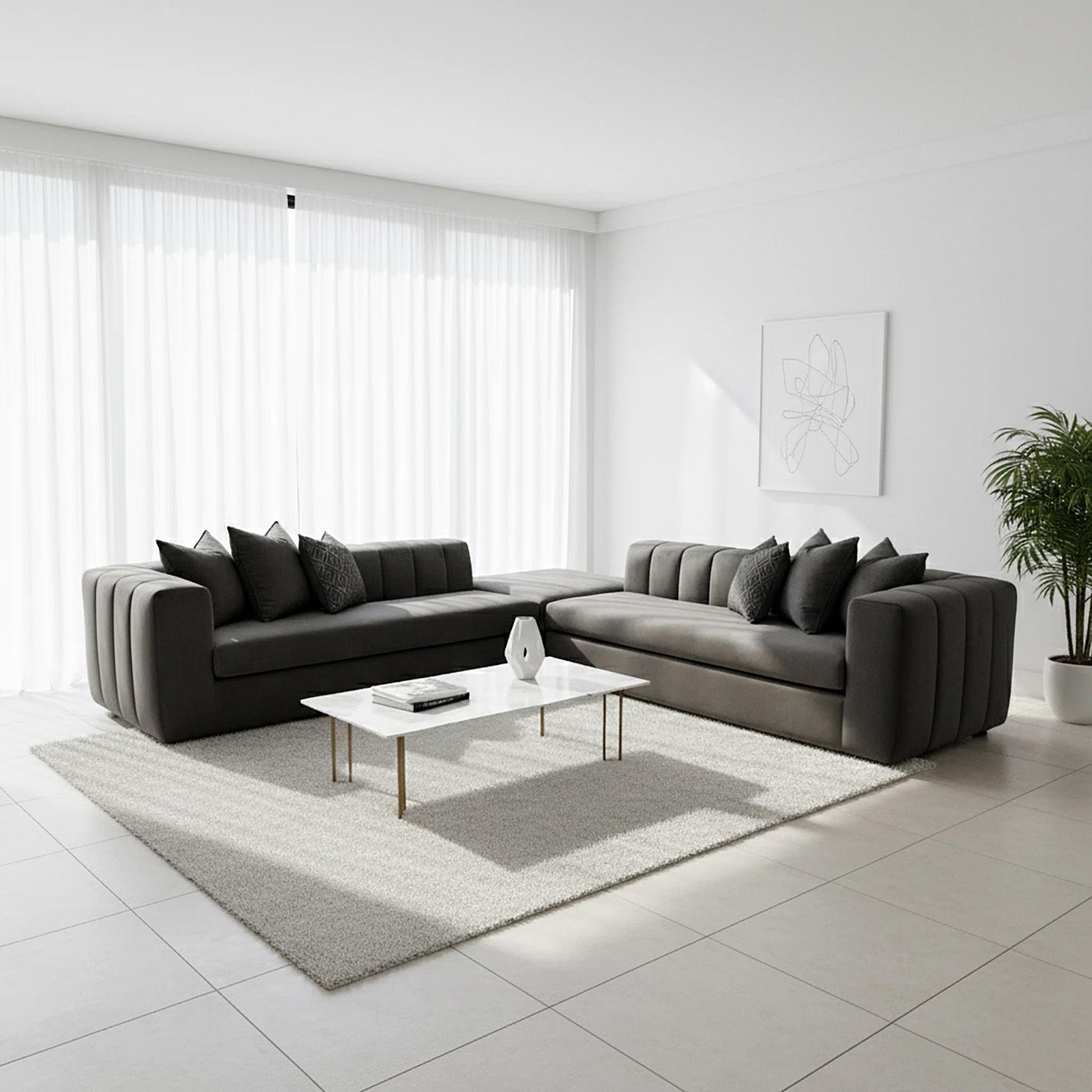 Modern living room with a gray sectional sofa, coffee table, and decorative items.