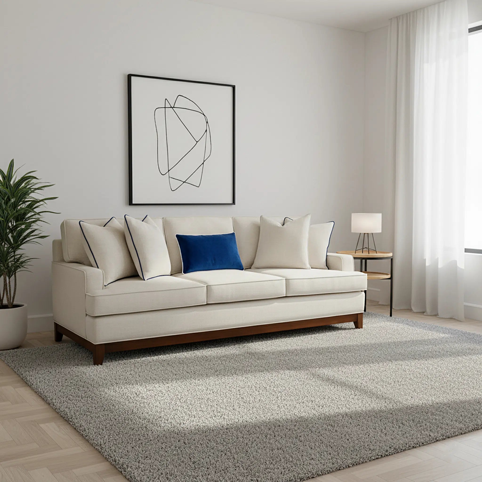 Beige sofa with decorative pillows in a modern living room setting