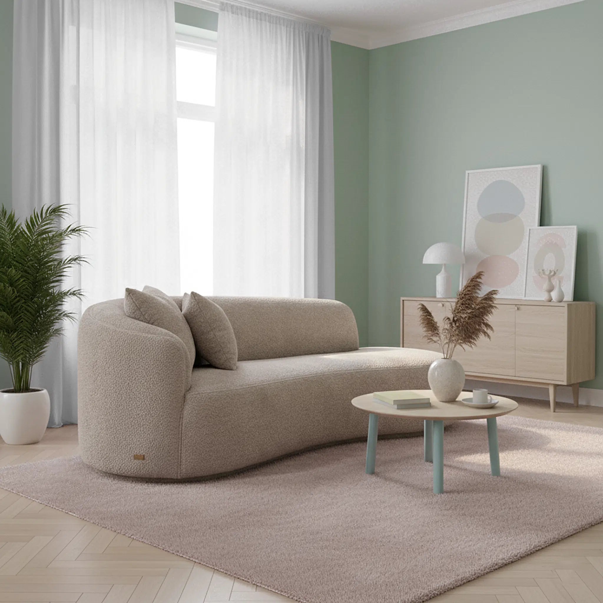 Modern living room with a beige sofa, small table, and decorative items.