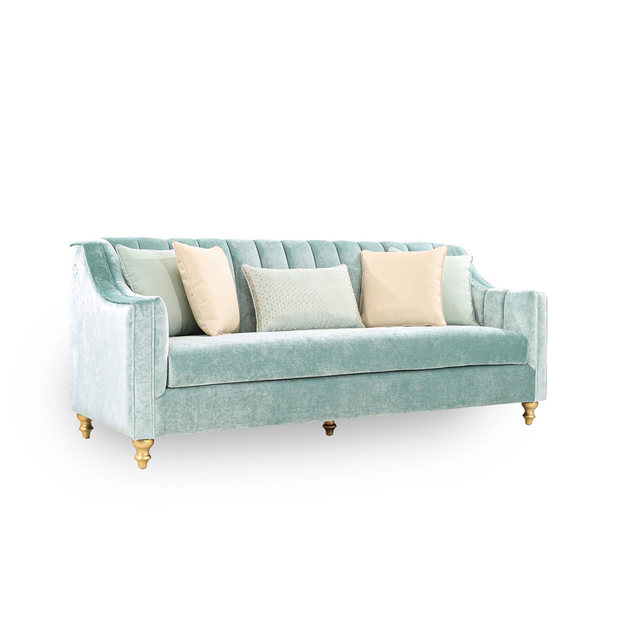 Light blue sofa with decorative pillows on a white background
