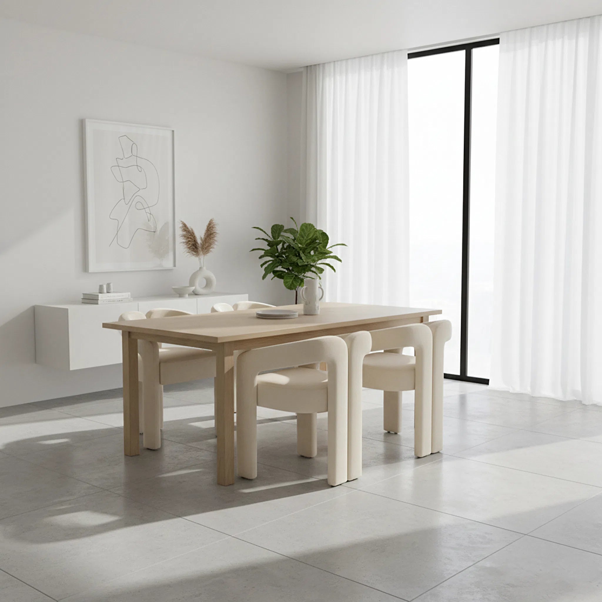 Modern dining set with a table and chairs in a bright room with large windows.