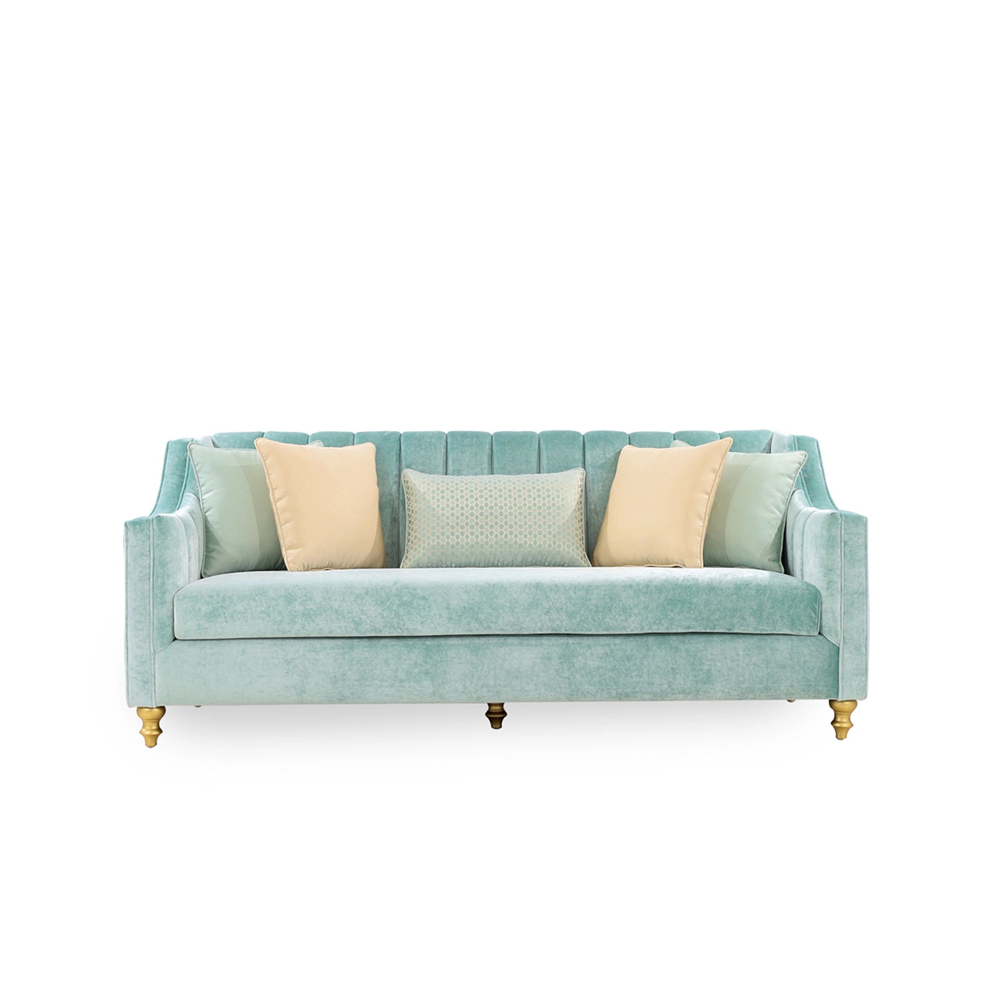 Light blue sofa with decorative pillows on a white background