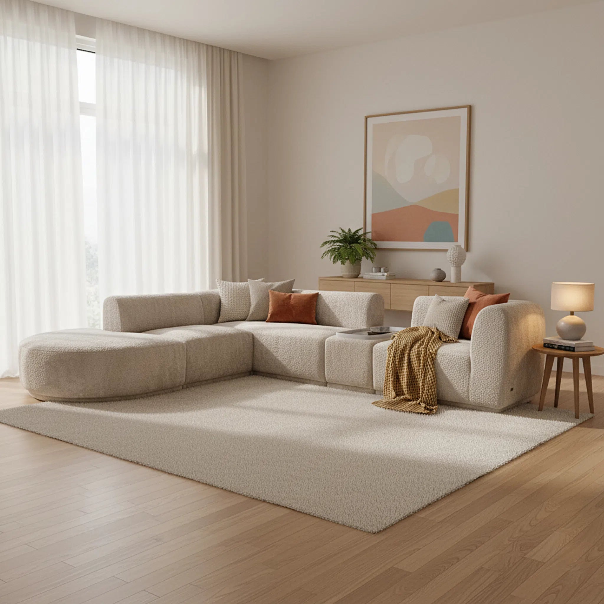 Modern living room with a beige sectional sofa, side table, and abstract art on the wall.