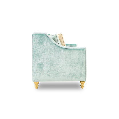 Green armchair with gold legs on a white background