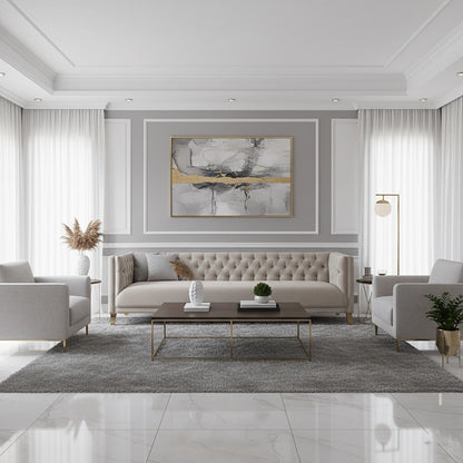 Modern living room with gray sofa, coffee table, and abstract art on the wall.