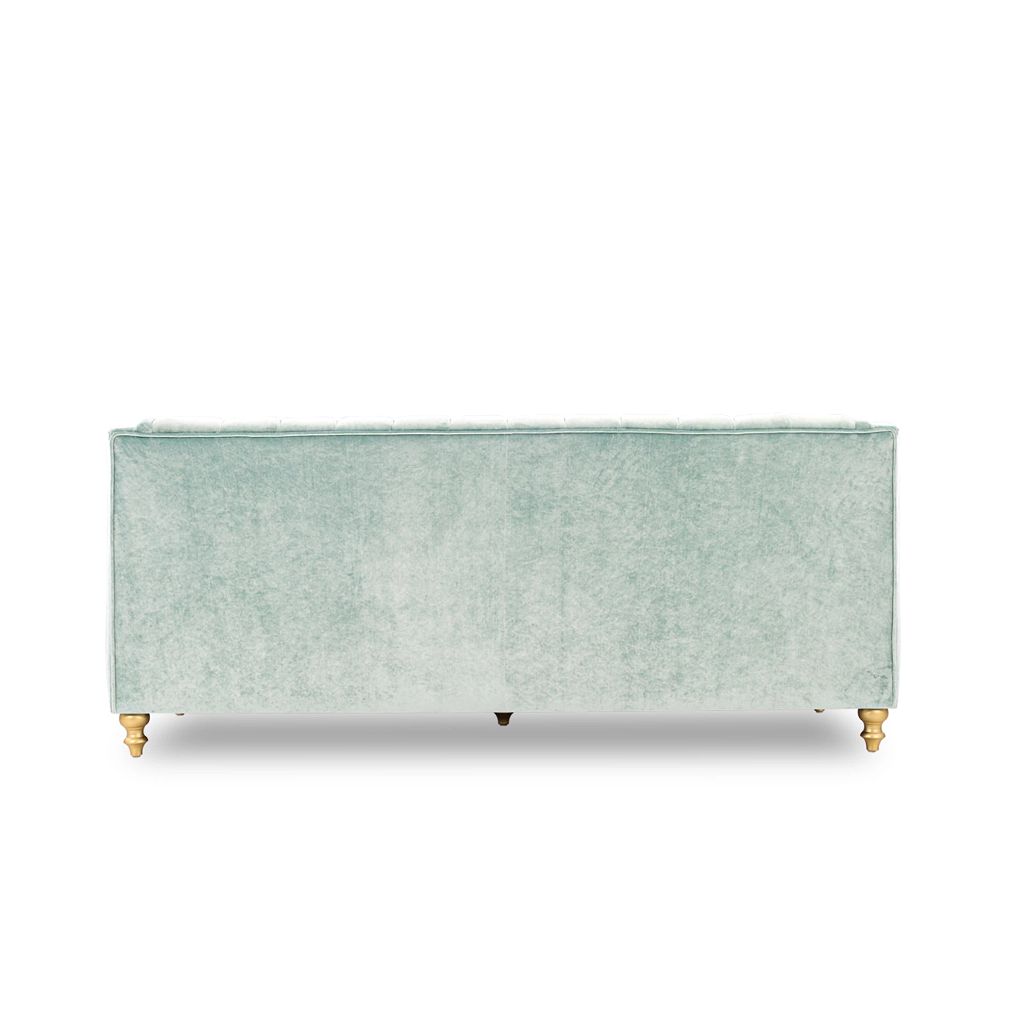 Light green upholstered bench with gold legs on a white background