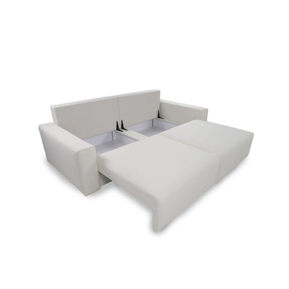 Gray sectional sofa with storage compartment on a white background