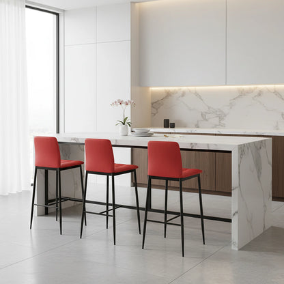 Modern kitchen with marble island and red bar stools