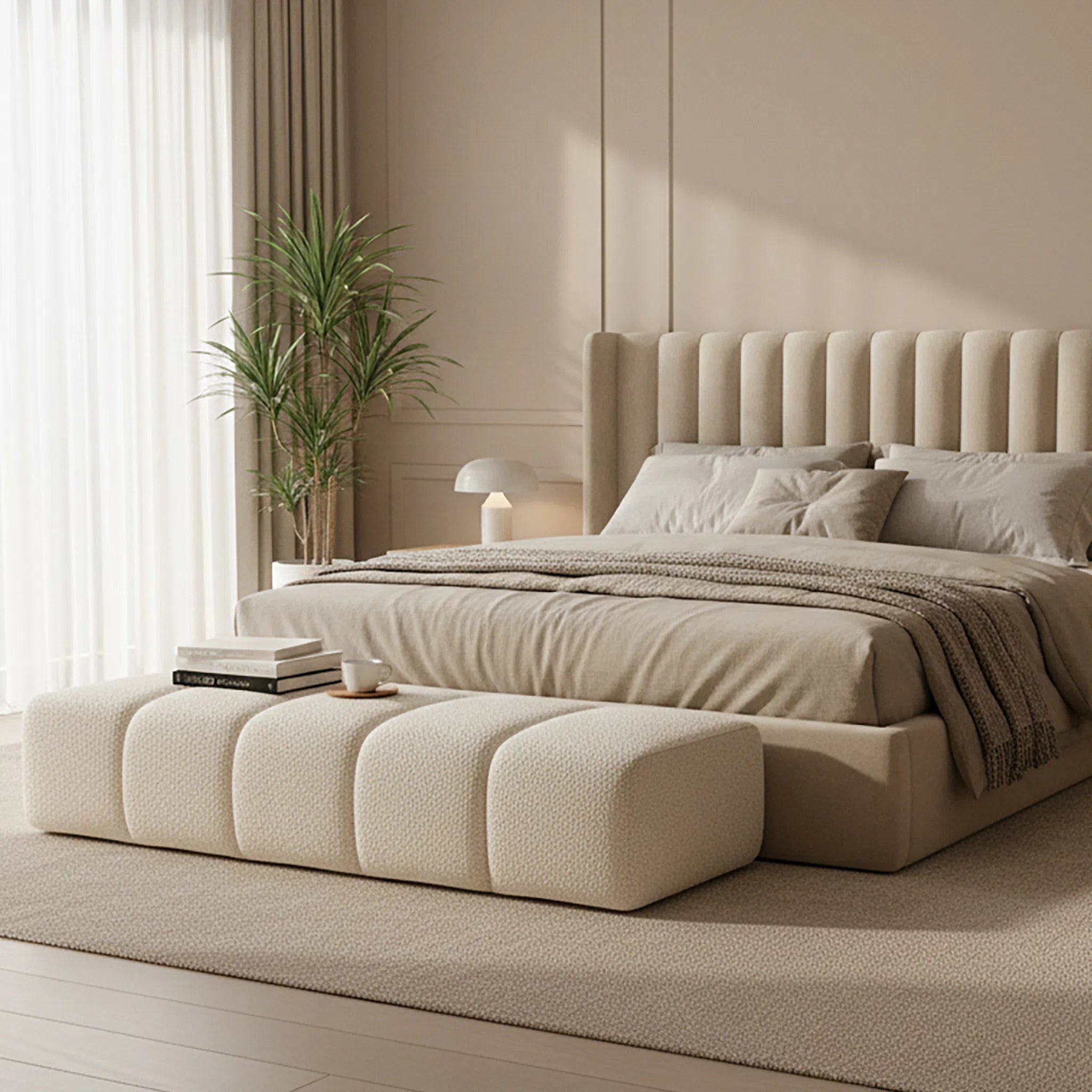 Beige bedroom with a bed, ottoman, and plant