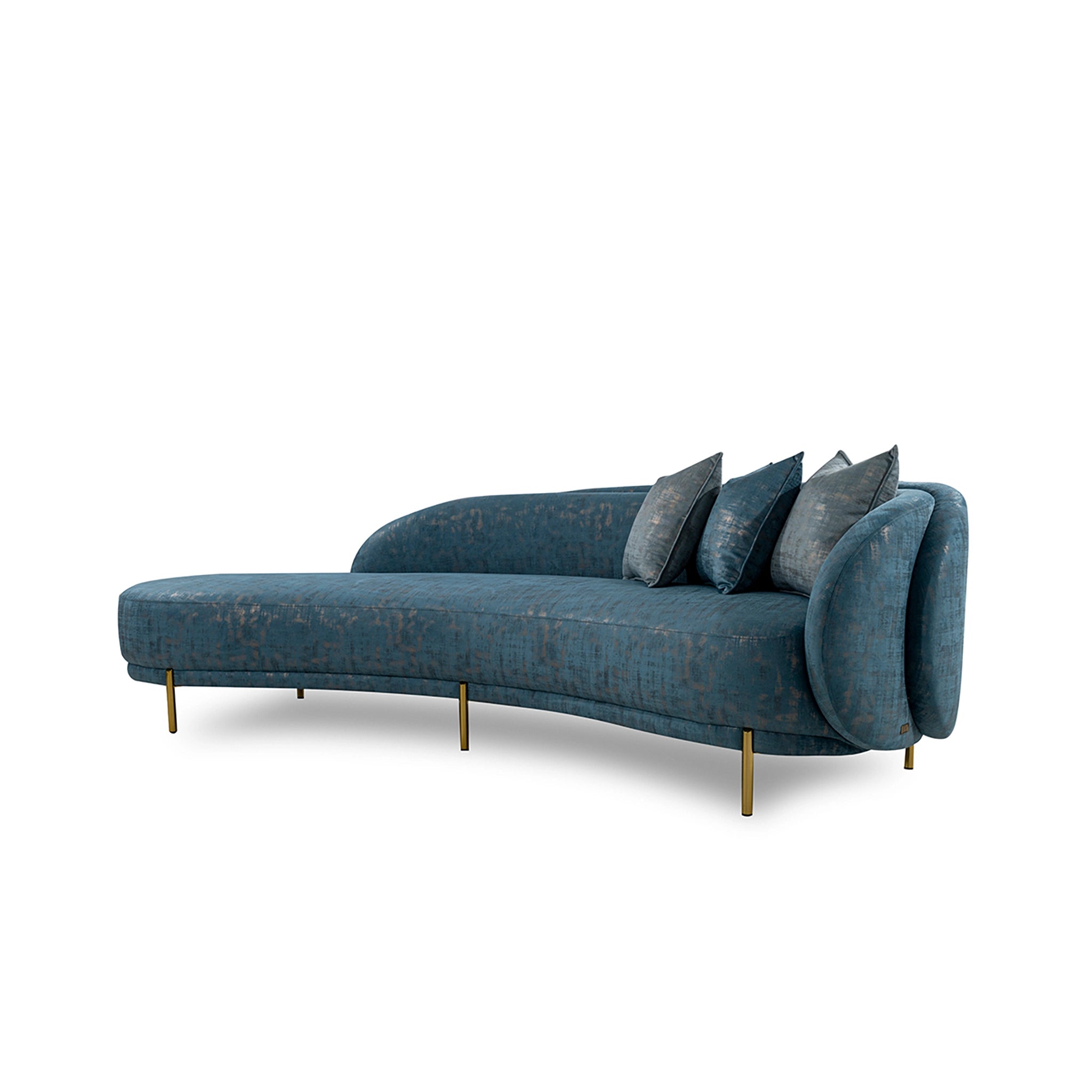 Blue sofa with gold legs on a white background