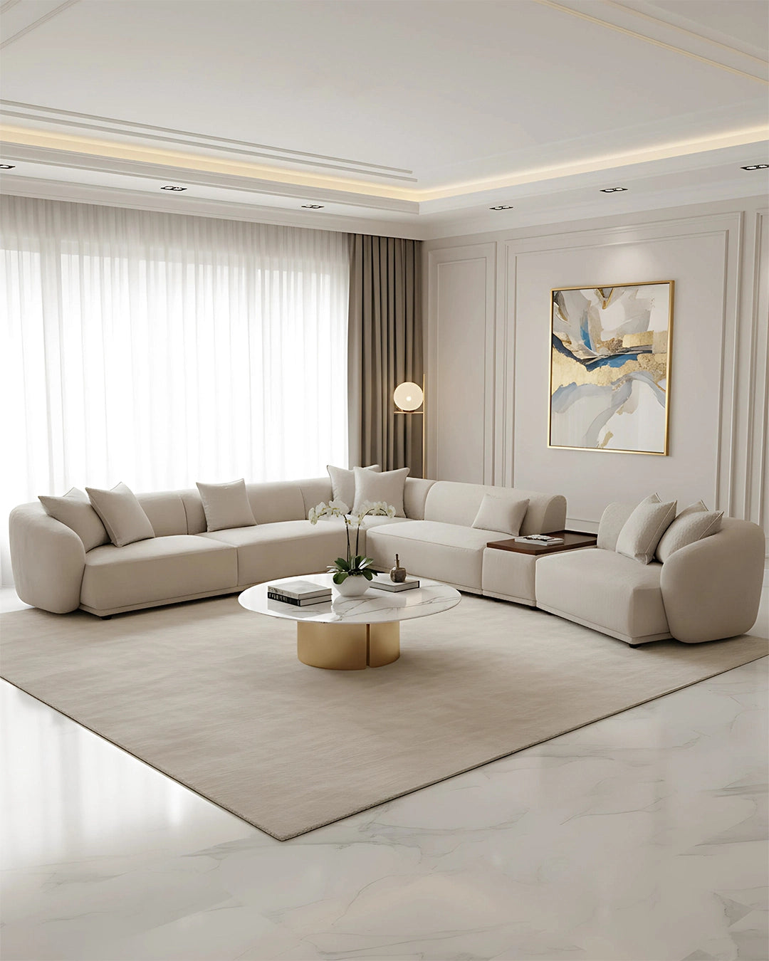 Modern living room with a beige sectional sofa, round coffee table, and abstract art on the wall.